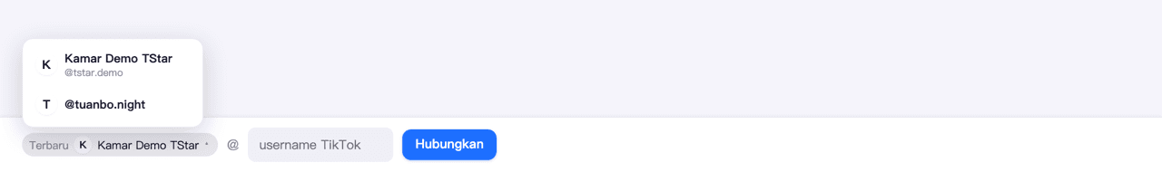 Tampilan penuh bar koneksi bawah konsol (dropdown “Terbaru”, kolom @ akun TikTok, tombol sambung/putus)