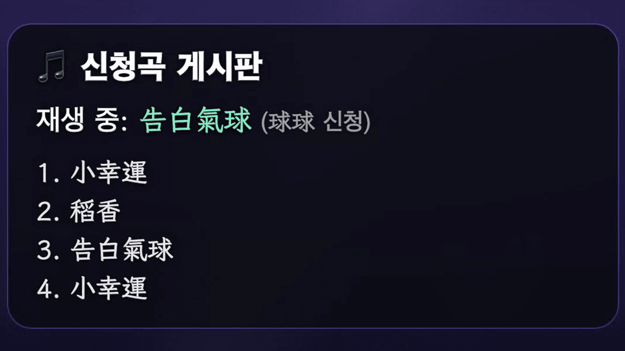 신청곡 위젯이 방송 화면 위에 표시된 모습(접수 중 남은 시간+순위, 재생 중+대기열 두 가지 상태)