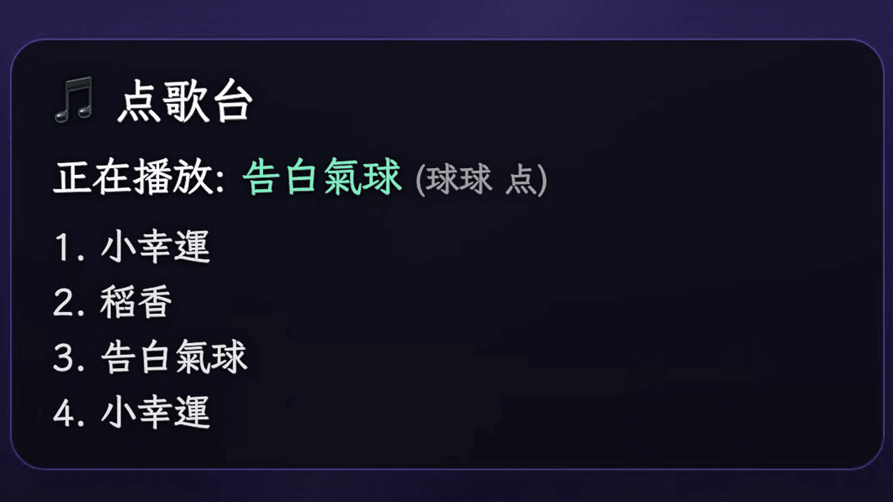 点歌台挂件在直播画面上的样子(报名中的倒计时+累积榜,以及正在播放+队列两种状态)