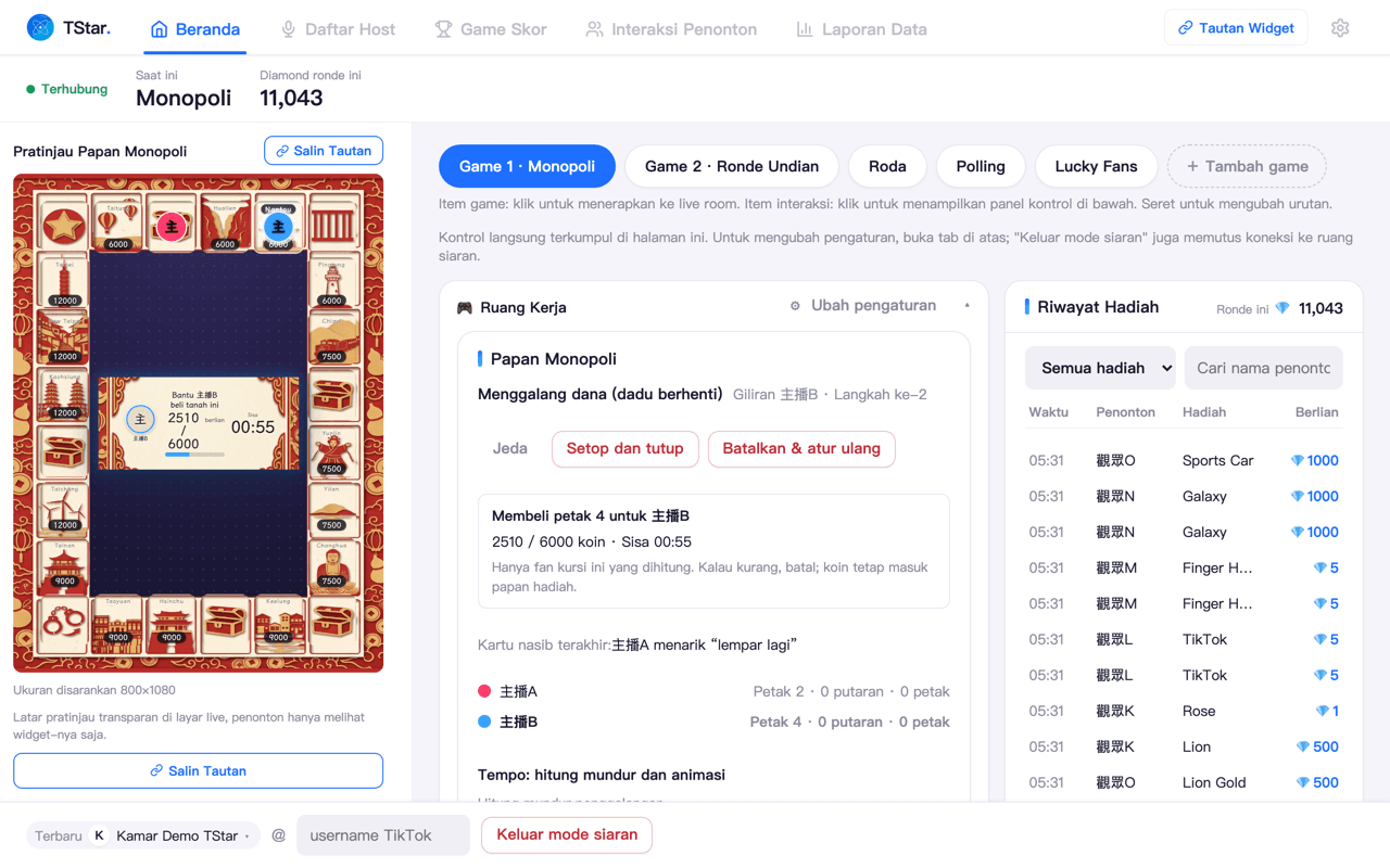 Layar beranda konsol TStar: di kiri pratinjau langsung papan Monopoli, di tengah meja kerja dengan hitung mundur penggalangan dana serta kontrol jeda dan penutupan, di kanan daftar hadiah per transaksi beserta jumlah diamond.