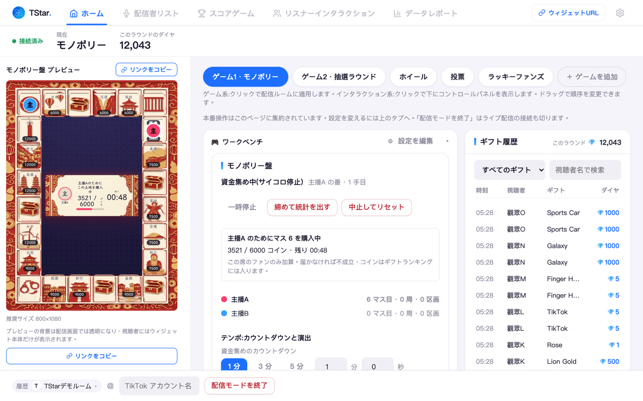 TStar コンソールのホーム画面:左側は大富翁ボードのライブプレビュー、中央のワークベンチには資金集めのカウントダウンと一時停止・終了などの操作、右側はギフトの明細とダイヤ数。