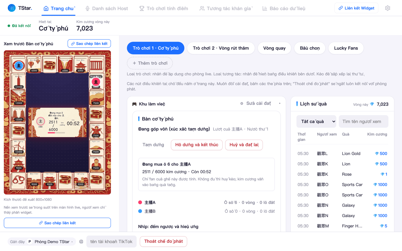 Màn hình chính bàn điều khiển TStar: bên trái là bản xem trước trực tiếp của bàn cờ Monopoly, ở giữa là bàn làm việc với đồng hồ đếm ngược gây quỹ cùng nút tạm dừng và kết thúc, bên phải là sổ quà tặng từng món kèm tổng kim cương.