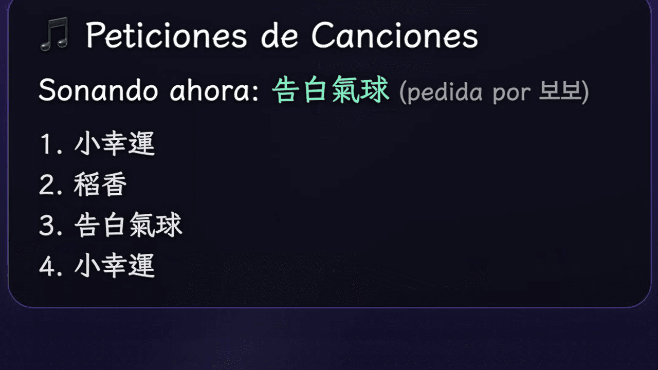 Aspecto del widget Peticiones de Canciones sobre la transmisión en vivo (cuenta regresiva de ronda abierta + clasificación, y estados de sonando ahora + cola)