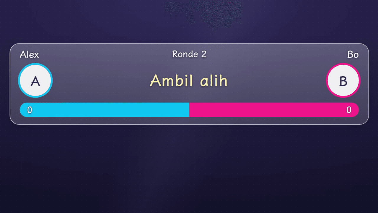 Tampilan widget Gauntlet PK di layar live (bar tipis memanjang: baris atas nama dan nomor ronde, baris tengah stiker dan hitung mundur, baris bawah bar nyawa)