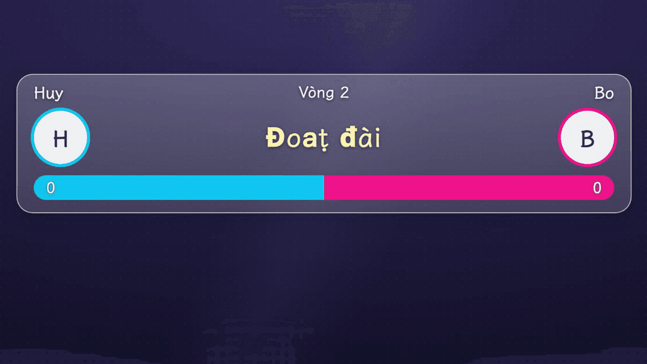 Hình dạng widget Gauntlet PK trên màn hình livestream (thanh mảnh: hàng trên là tên và vòng thứ mấy, hàng giữa là sticker và đồng hồ đếm ngược, hàng dưới là thanh máu)