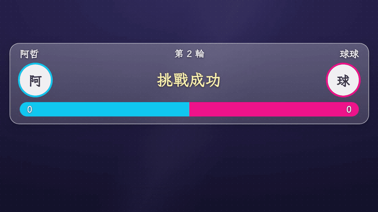 擂主爭霸掛件在直播畫面上的樣子(細長條:上排名字與第幾輪、中排貼紙與倒數、下排血條)