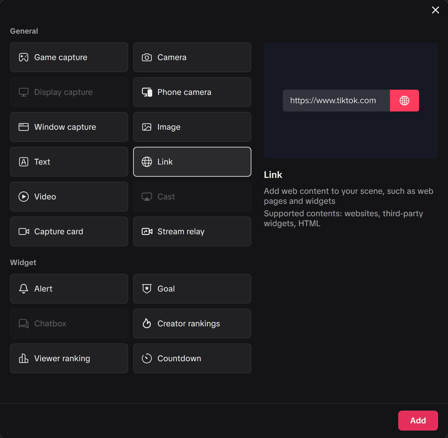 TikTok LIVE Studio 新增瀏覽器來源對話框,URL 欄位貼上疊加層連結