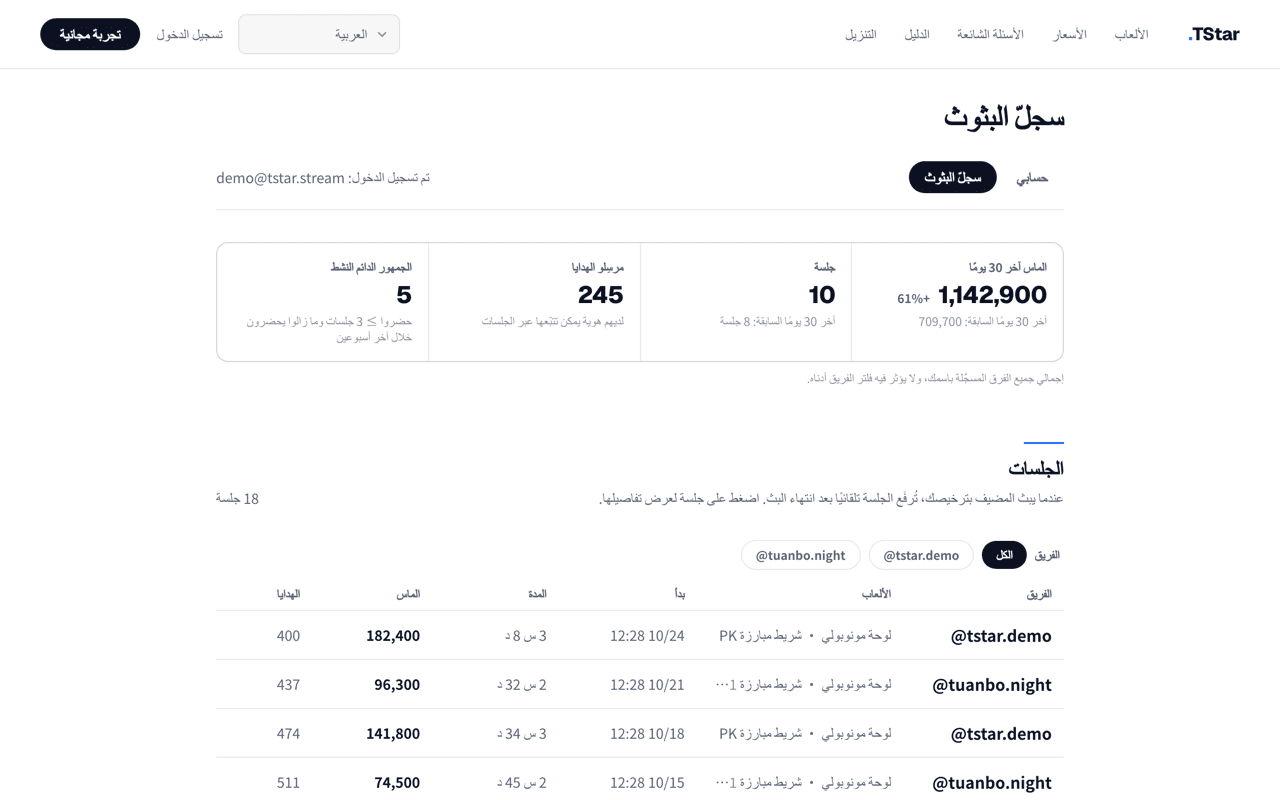 صفحة سجلّ الجلسات في لوحة الوكالة بالموقع الرسمي لـ TStar: في الأعلى ملخّص من أربع بطاقات لآخر 30 يومًا (الماس، الجلسات، عدد مرسِلي الهدايا، الجمهور الدائم النشط) مع مقارنة بالثلاثين يومًا السابقة، وفي الأسفل وقت بدء كل جلسة ومدتها وماسها وعدد هداياها، مع إمكانية التصفية حسب الفريق.