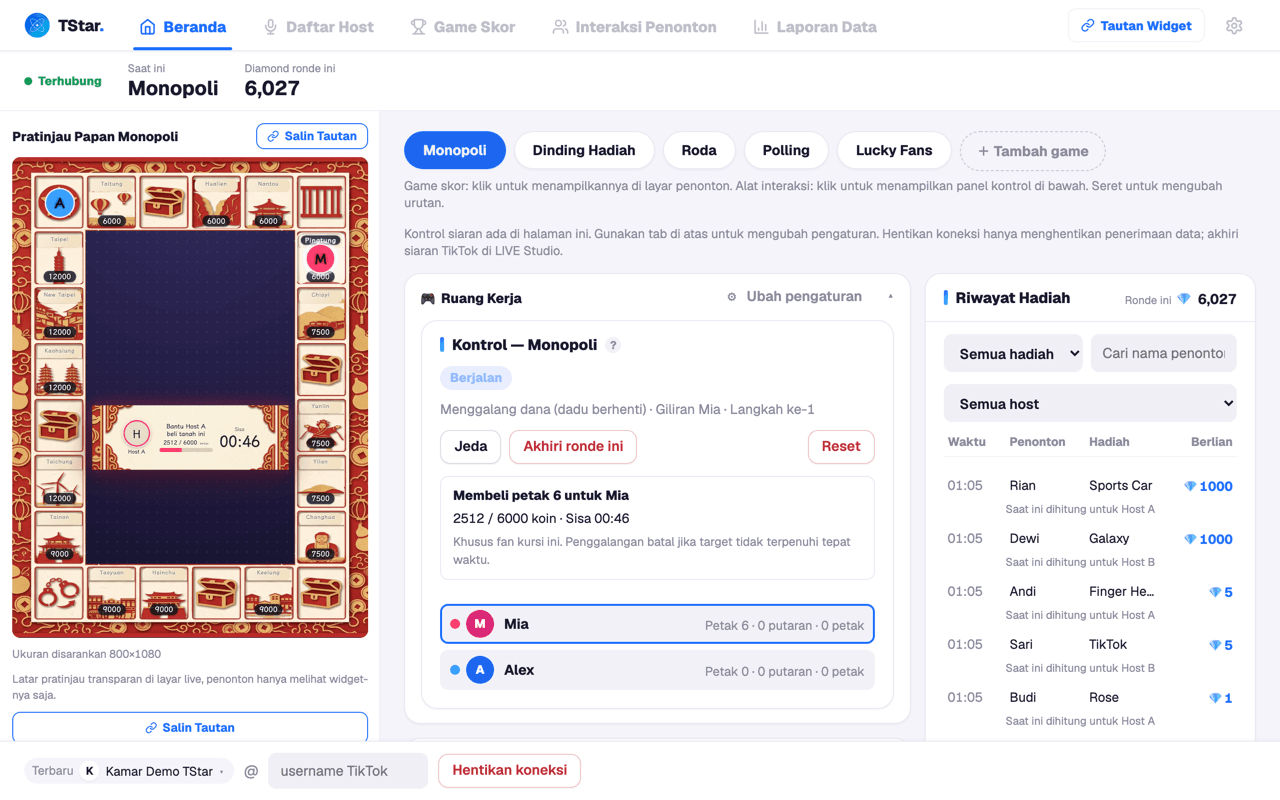 Layar beranda konsol TStar: di kiri pratinjau langsung papan Monopoli, di tengah meja kerja dengan hitung mundur penggalangan dana serta kontrol jeda dan penutupan, di kanan daftar hadiah per transaksi beserta jumlah diamond.