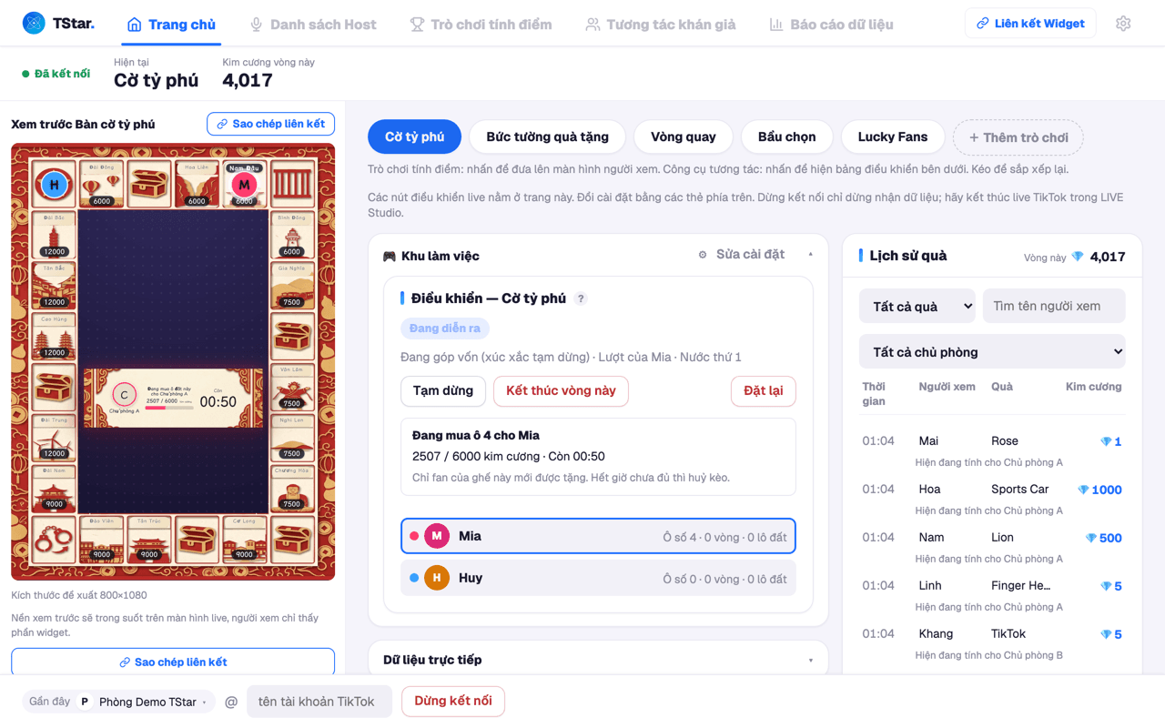 Màn hình chính bàn điều khiển TStar: bên trái là bản xem trước trực tiếp của bàn cờ Monopoly, ở giữa là bàn làm việc với đồng hồ đếm ngược gây quỹ cùng nút tạm dừng và kết thúc, bên phải là sổ quà tặng từng món kèm tổng kim cương.