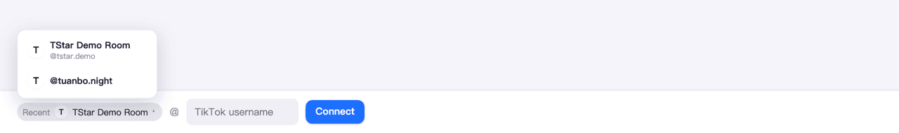 Full view of the console's bottom connection bar (Recent account dropdown, @ TikTok account field, connect/disconnect button)