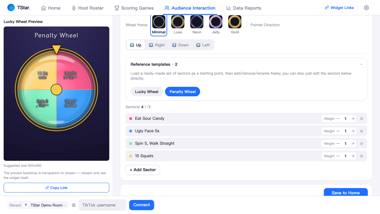 The Audience Interaction Wheel tab after loading the Penalty Wheel template