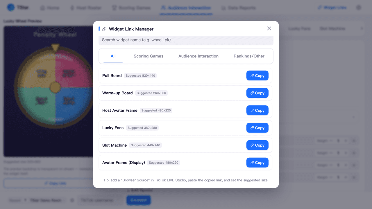 Settings page “Overlay Links” panel, listing multiple /widget/xxx links with copy buttons