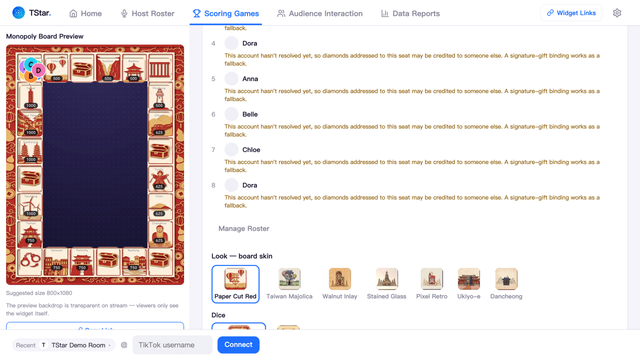 The Scoring Games page with Monopoly selected — the skin picker and place-name menu