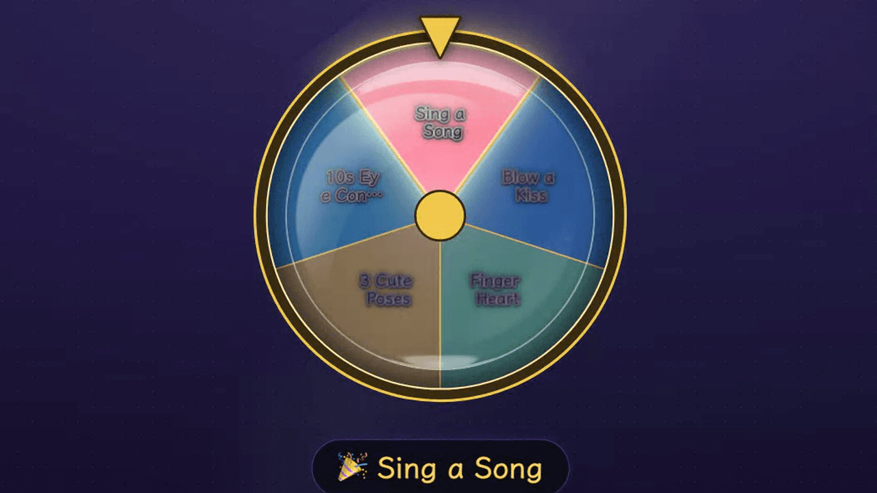 What the Lucky Wheel widget looks like over the live stream (gold-framed wheel + result bubble after a spin)