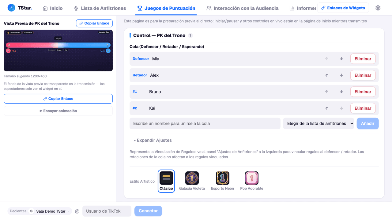 Pantalla de configuración de la cola tras elegir PK del Trono en la página Juegos de Puntuación (defensor / retador / cola de espera)