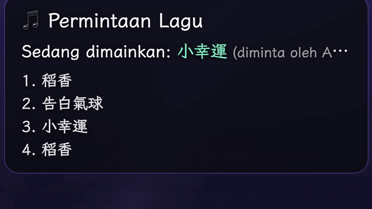 Rupa widget Permintaan Lagu pada siaran langsung (kiraan detik pusingan dibuka + papan pendahulu, serta keadaan sedang dimainkan + baris gilir)