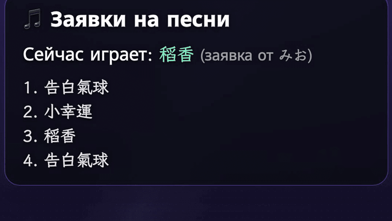 Виджет заказа песен на экране стрима (таймер раунда + рейтинг, текущий трек + очередь)