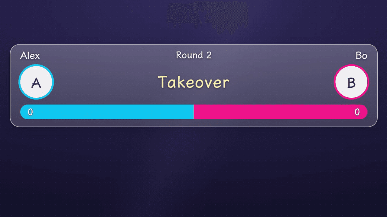 What the Gauntlet PK widget looks like on the live stream (a slim bar: names and round number on the top row, stickers and countdown in the middle, health bar at the bottom)