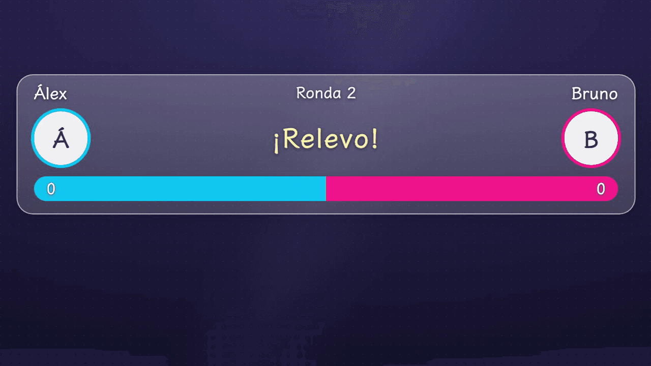 Cómo se ve el widget PK del Trono en la pantalla del directo (barra larga y fina: fila superior con nombres y ronda, fila central con stickers y cuenta atrás, fila inferior con la barra de vida)
