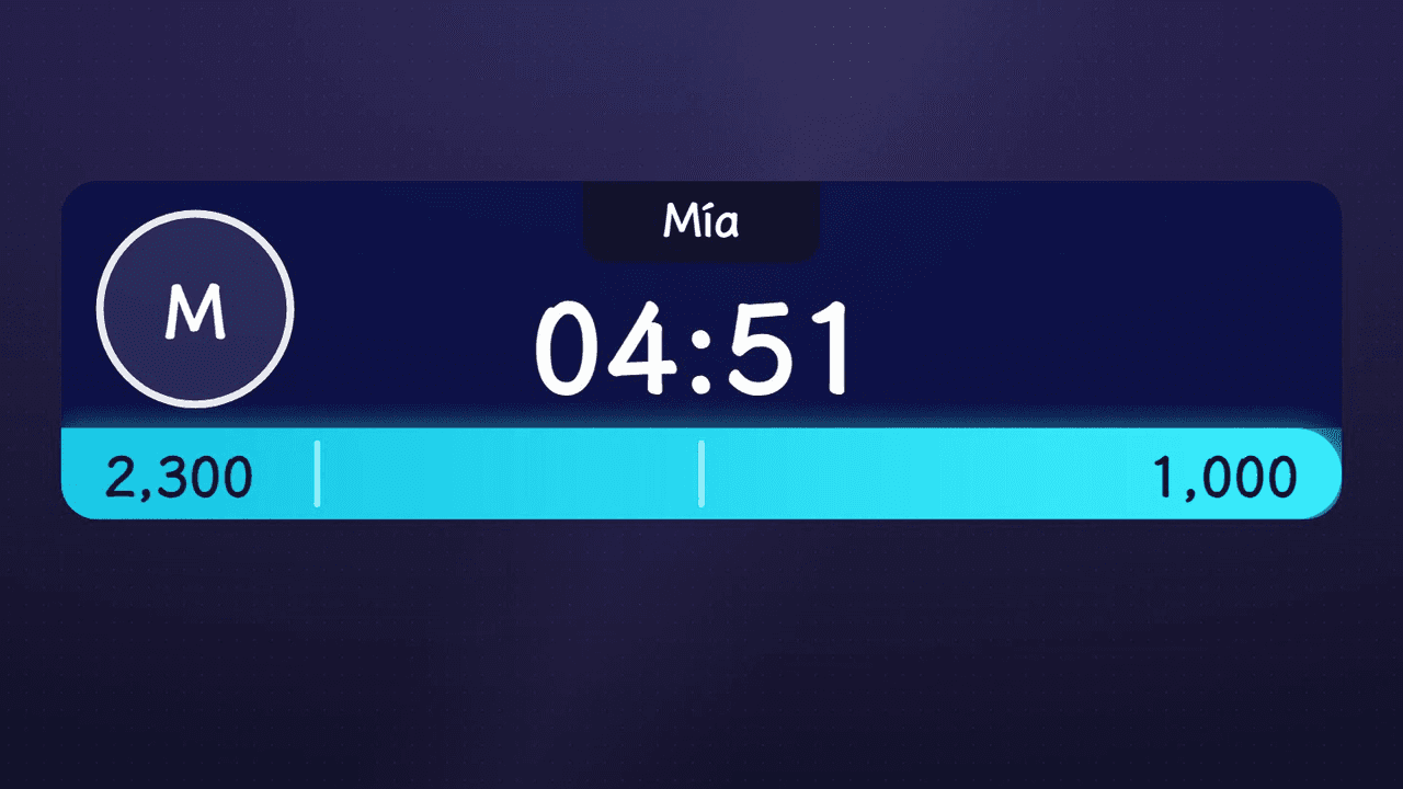 Aspecto de la barra de tiempo de Escenario Libre sobre la transmisión en vivo (avatar + cuenta regresiva + barra de progreso con la meta)